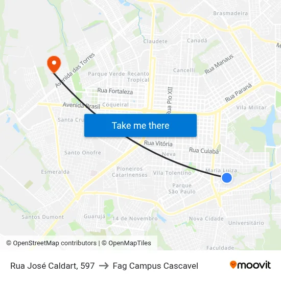 Rua José Caldart, 597 to Fag Campus Cascavel map