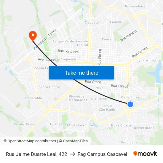 Rua Jaime Duarte Leal, 422 to Fag Campus Cascavel map