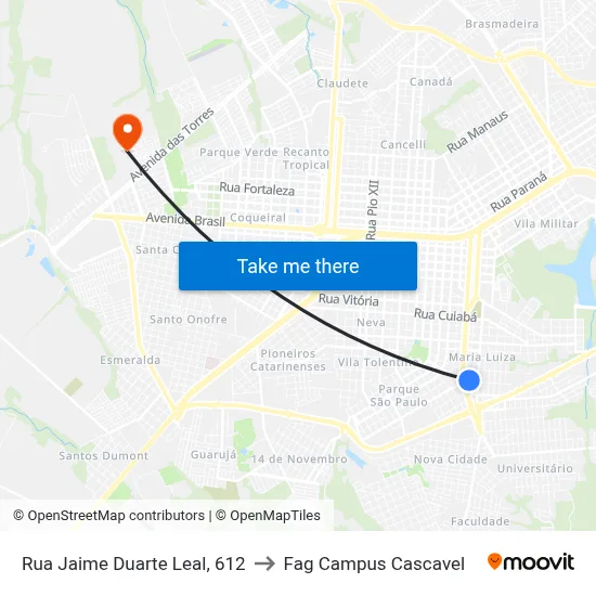 Rua Jaime Duarte Leal, 612 to Fag Campus Cascavel map