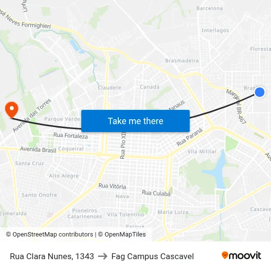 Rua Clara Nunes, 1343 to Fag Campus Cascavel map