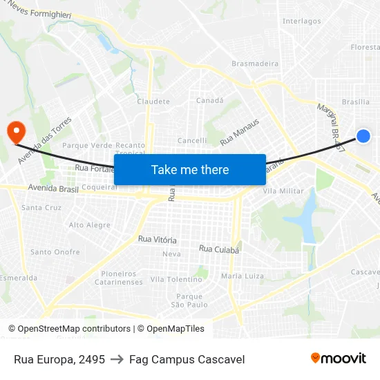 Rua Europa, 2495 to Fag Campus Cascavel map