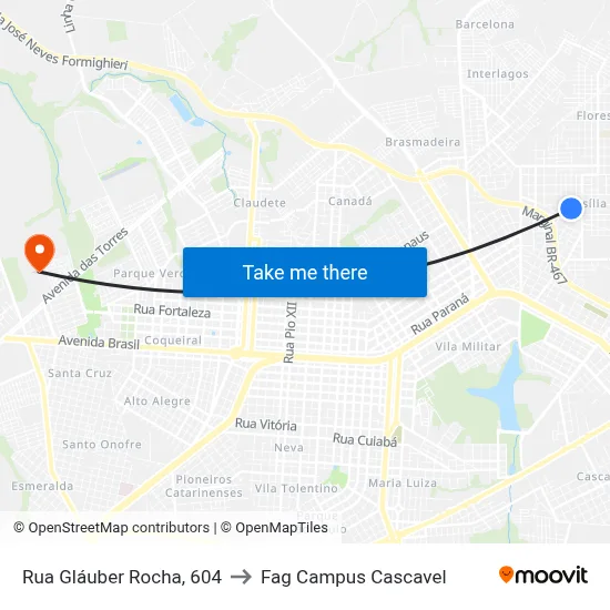 Rua Gláuber Rocha, 604 to Fag Campus Cascavel map