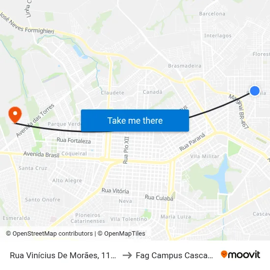 Rua Vinícius De Morães, 1157 to Fag Campus Cascavel map