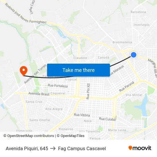 Avenida Piquiri, 645 to Fag Campus Cascavel map