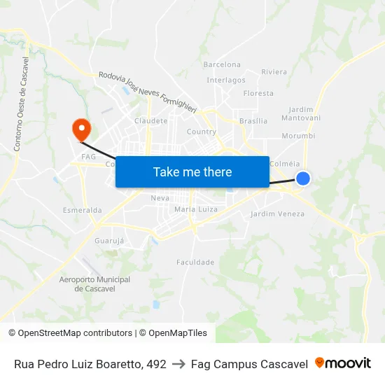 Rua Pedro Luiz Boaretto, 492 to Fag Campus Cascavel map