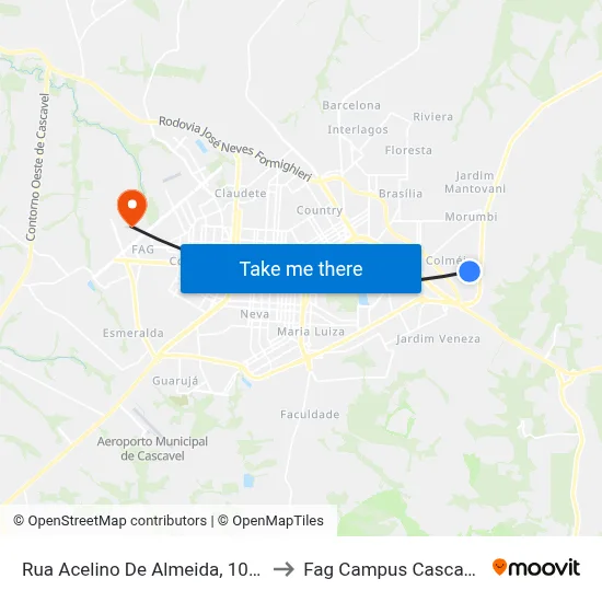 Rua Acelino De Almeida, 1050 to Fag Campus Cascavel map