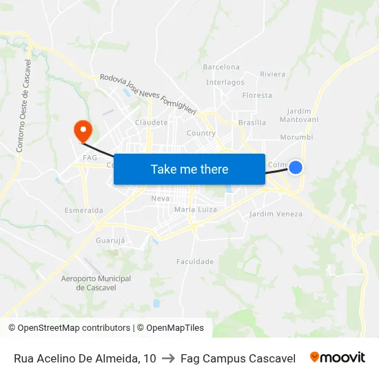 Rua Acelino De Almeida, 10 to Fag Campus Cascavel map