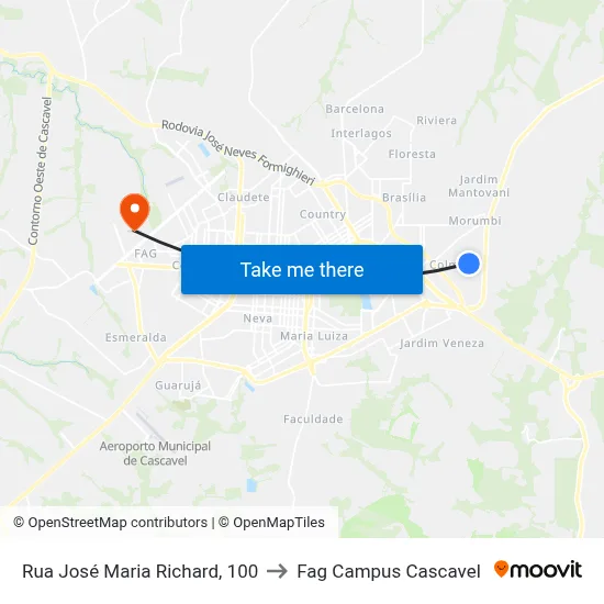 Rua José Maria Richard, 100 to Fag Campus Cascavel map