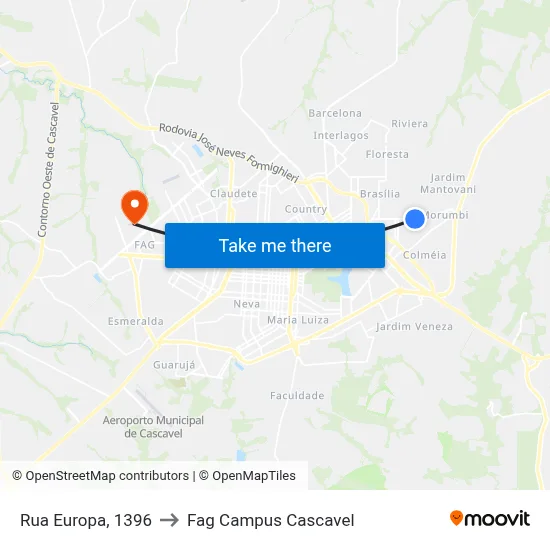 Rua Europa, 1396 to Fag Campus Cascavel map