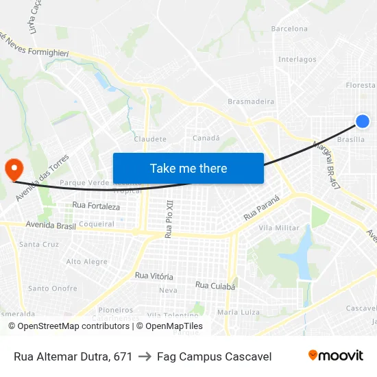 Rua Altemar Dutra, 671 to Fag Campus Cascavel map