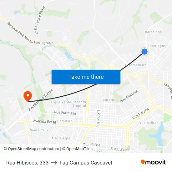 Rua Hibiscos, 333 to Fag Campus Cascavel map