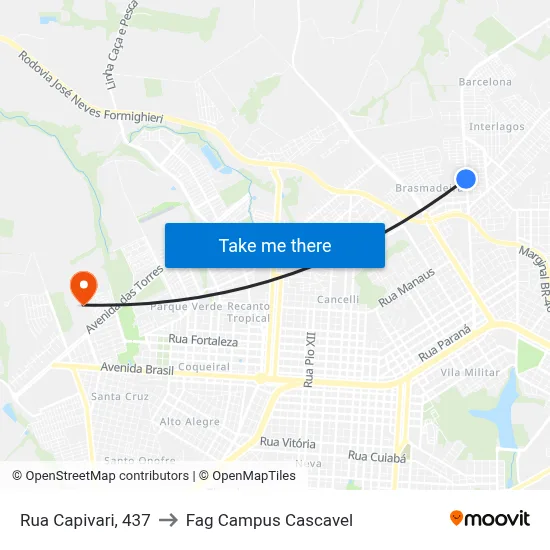 Rua Capivari, 437 to Fag Campus Cascavel map