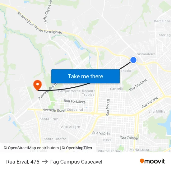 Rua Erval, 475 to Fag Campus Cascavel map