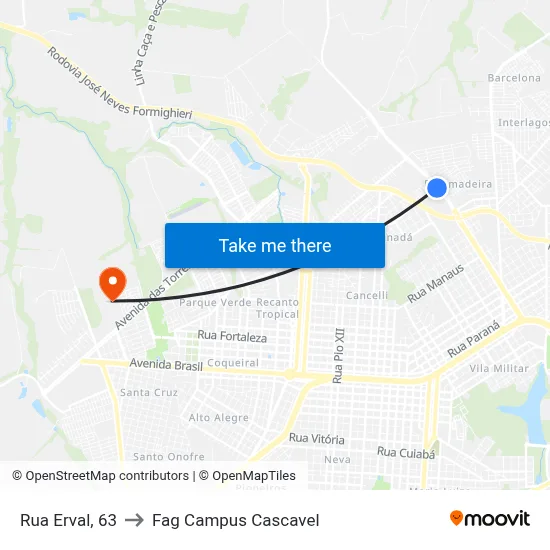 Rua Erval, 63 to Fag Campus Cascavel map