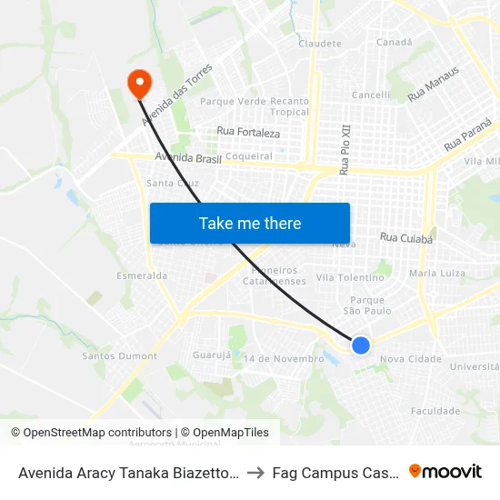 Avenida Aracy Tanaka Biazetto, 10410 to Fag Campus Cascavel map
