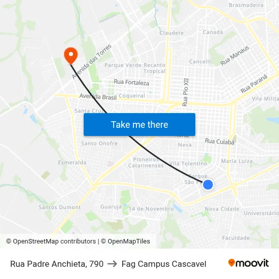 Rua Padre Anchieta, 790 to Fag Campus Cascavel map