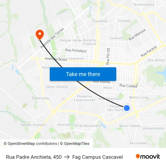 Rua Padre Anchieta, 450 to Fag Campus Cascavel map