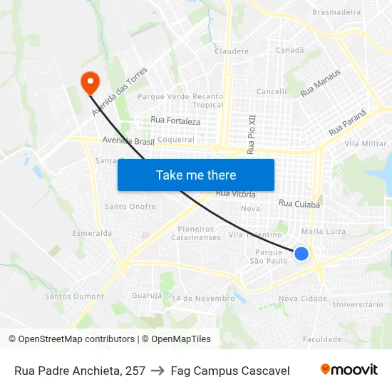Rua Padre Anchieta, 257 to Fag Campus Cascavel map