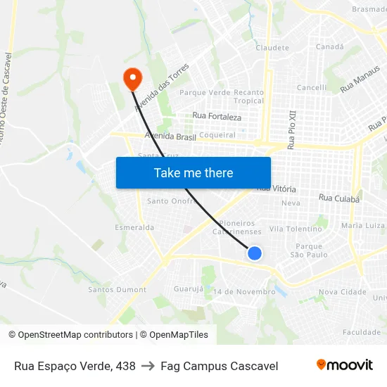 Rua Espaço Verde, 438 to Fag Campus Cascavel map