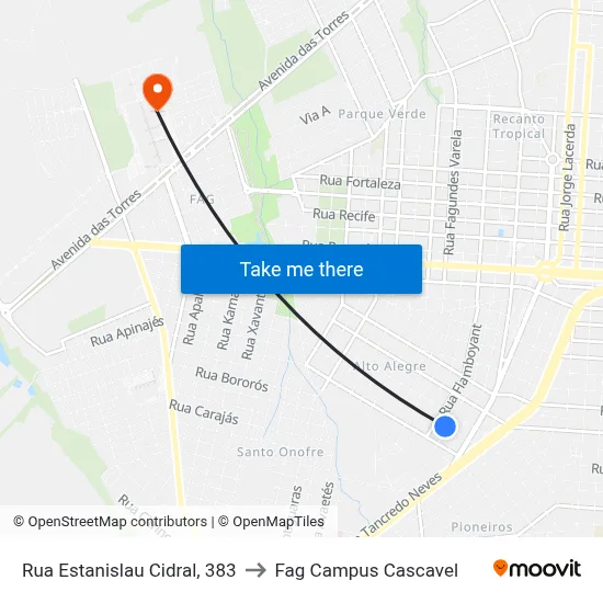 Rua Estanislau Cidral, 383 to Fag Campus Cascavel map