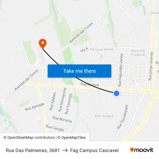 Rua Das Palmeiras, 3681 to Fag Campus Cascavel map