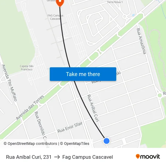 Rua Aníbal Curi, 231 to Fag Campus Cascavel map