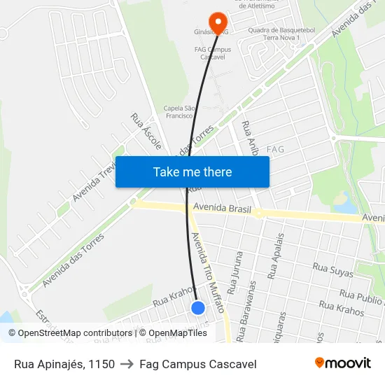 Rua Apinajés, 1150 to Fag Campus Cascavel map