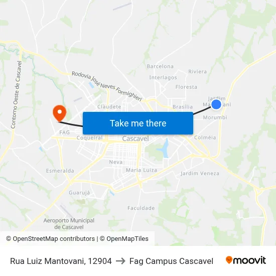 Rua Luiz Mantovani, 12904 to Fag Campus Cascavel map