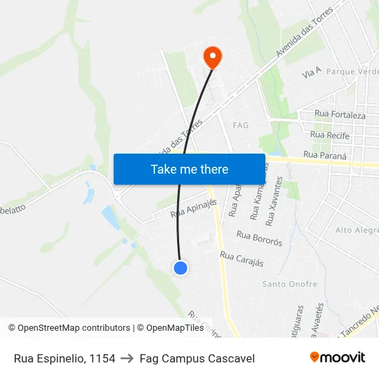 Rua Espinelio, 1154 to Fag Campus Cascavel map