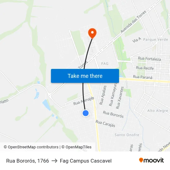 Rua Bororós, 1766 to Fag Campus Cascavel map