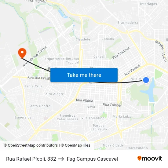 Rua Rafael Pícoli, 332 to Fag Campus Cascavel map