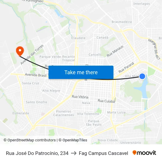 Rua José Do Patrocínio, 234 to Fag Campus Cascavel map