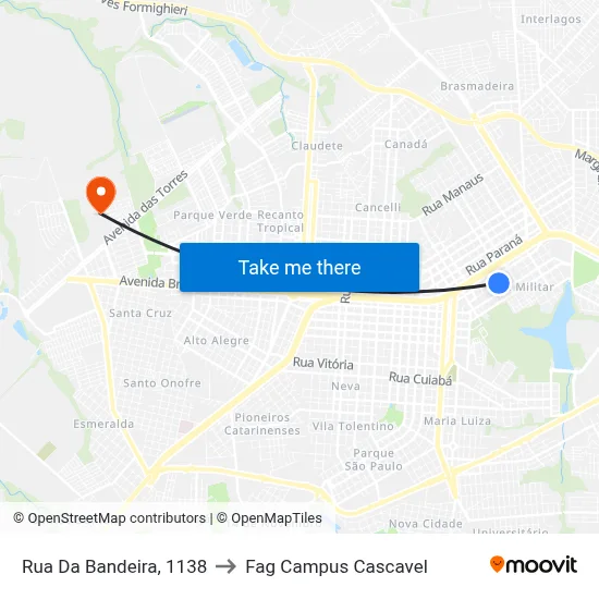 Rua Da Bandeira, 1138 to Fag Campus Cascavel map