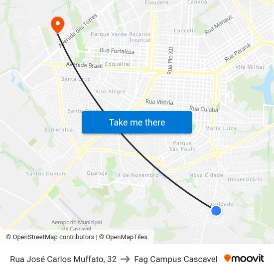 Rua José Carlos Muffato, 32 to Fag Campus Cascavel map