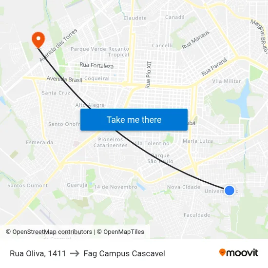 Rua Oliva, 1411 to Fag Campus Cascavel map