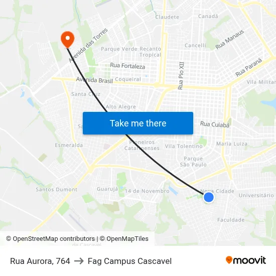 Rua Aurora, 764 to Fag Campus Cascavel map