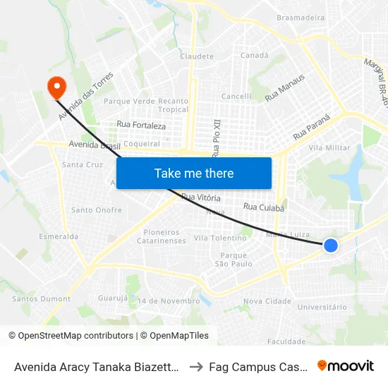 Avenida Aracy Tanaka Biazetto, 6356 to Fag Campus Cascavel map