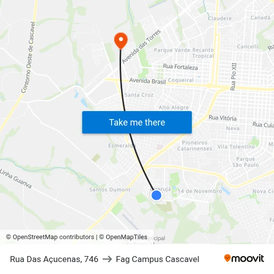 Rua Das Açucenas, 746 to Fag Campus Cascavel map