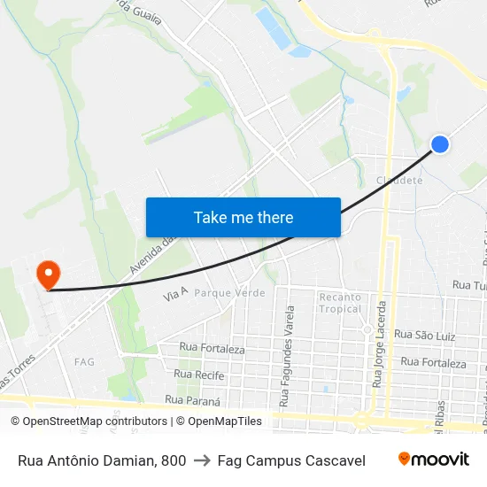 Rua Antônio Damian, 800 to Fag Campus Cascavel map
