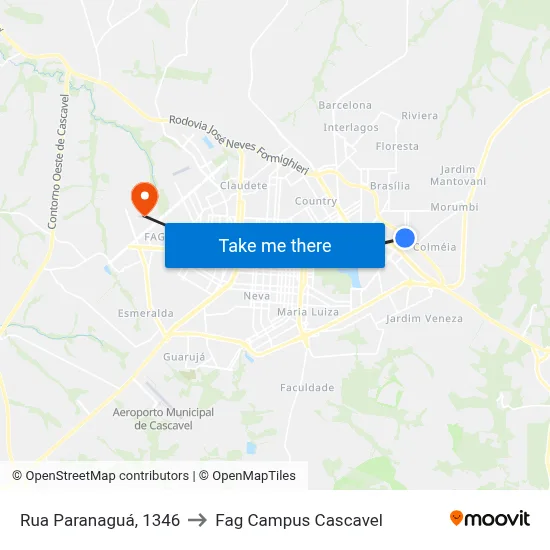 Rua Paranaguá, 1346 to Fag Campus Cascavel map