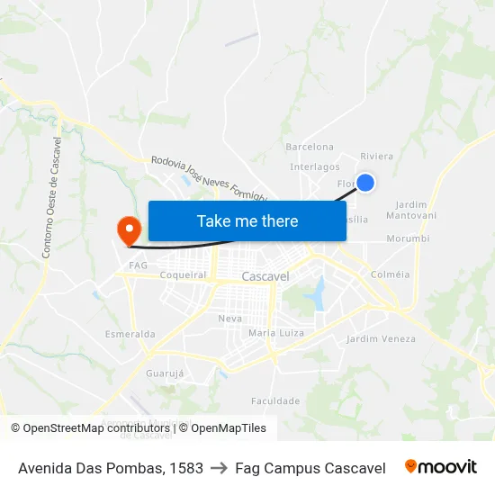 Avenida Das Pombas, 1583 to Fag Campus Cascavel map