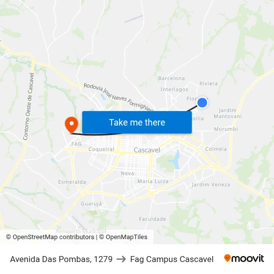 Avenida Das Pombas, 1279 to Fag Campus Cascavel map