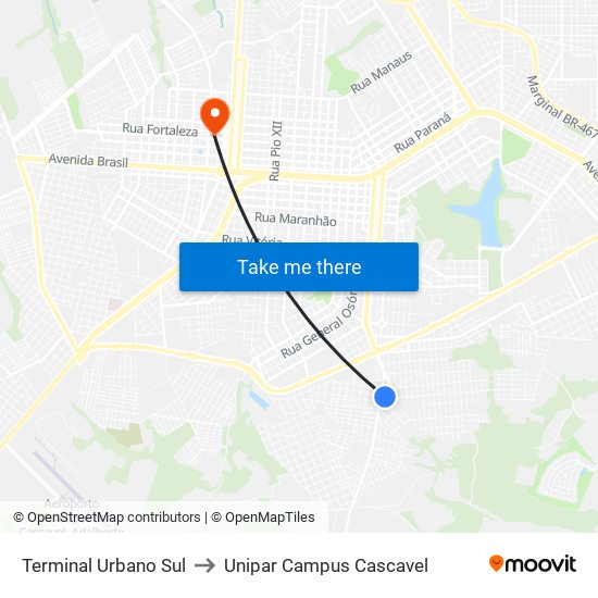 Terminal Urbano Sul to Unipar Campus Cascavel map