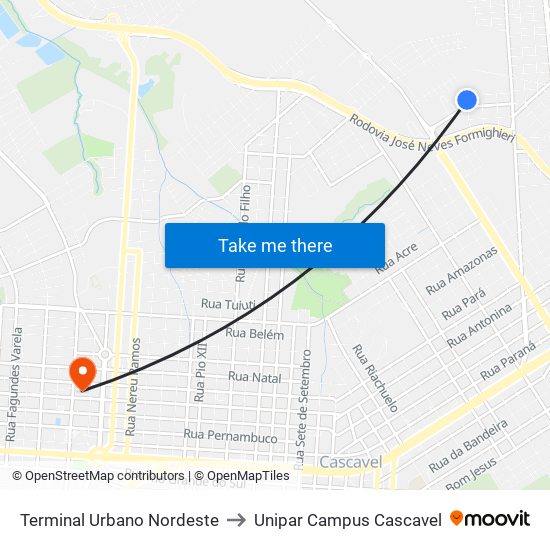 Terminal Urbano Nordeste to Unipar Campus Cascavel map