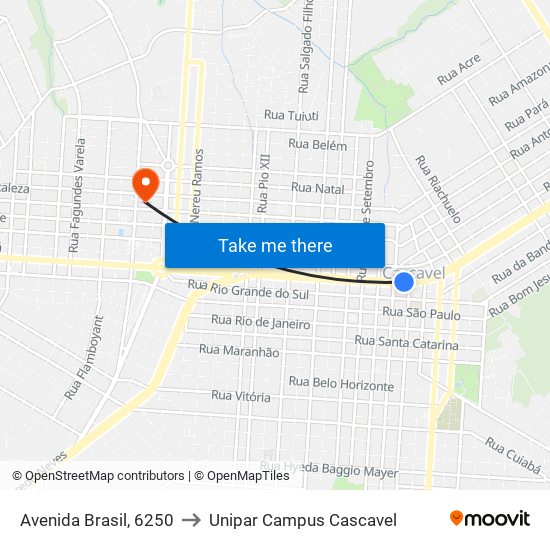 Avenida Brasil, 6250 to Unipar Campus Cascavel map