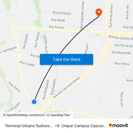 Terminal Urbano Sudoeste to Unipar Campus Cascavel map