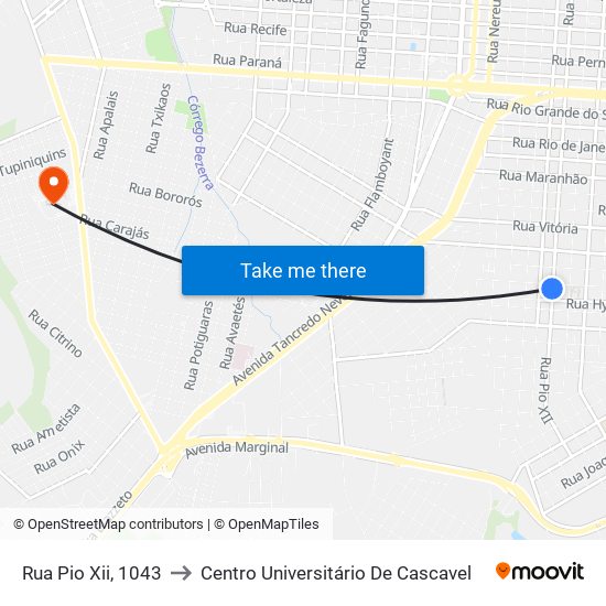 Rua Pio Xii, 1043 to Centro Universitário De Cascavel map