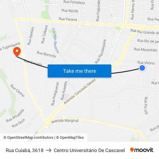 Rua Cuiabá, 3618 to Centro Universitário De Cascavel map