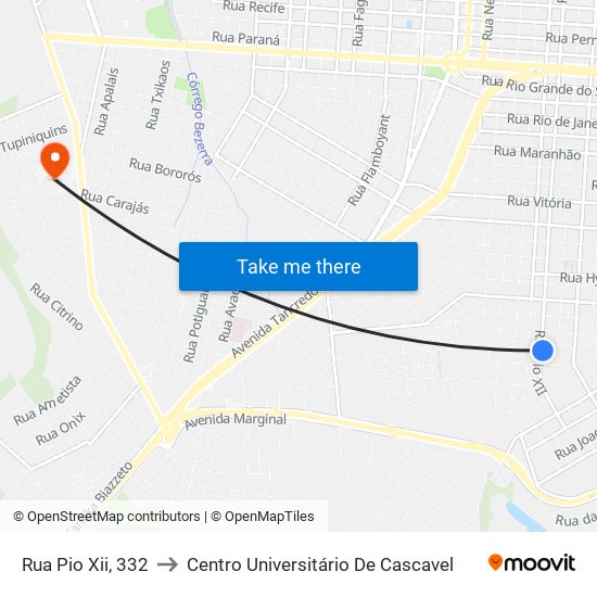 Rua Pio Xii, 332 to Centro Universitário De Cascavel map