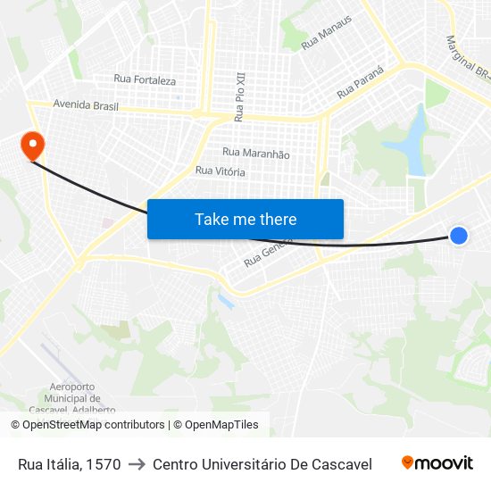 Rua Itália, 1570 to Centro Universitário De Cascavel map